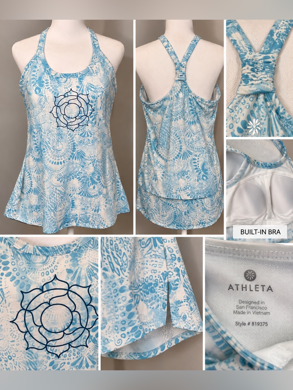 Athleta Parvita Blue White Paisley Racerback Tank Built-In Bra Large